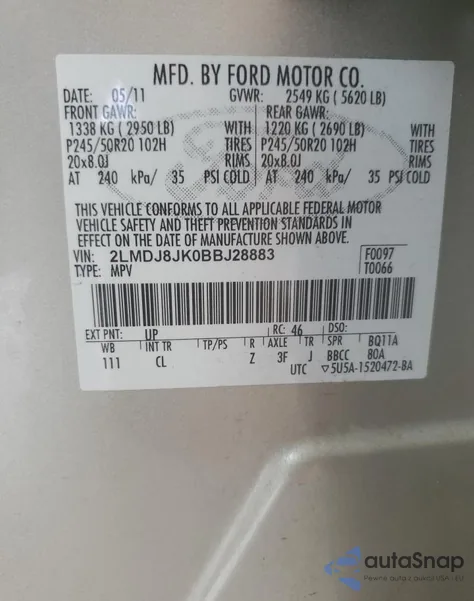 2011 Lincoln Mkx z USA, uszkodzony, nr VIN 2LMDJ8JK0BBJ28883